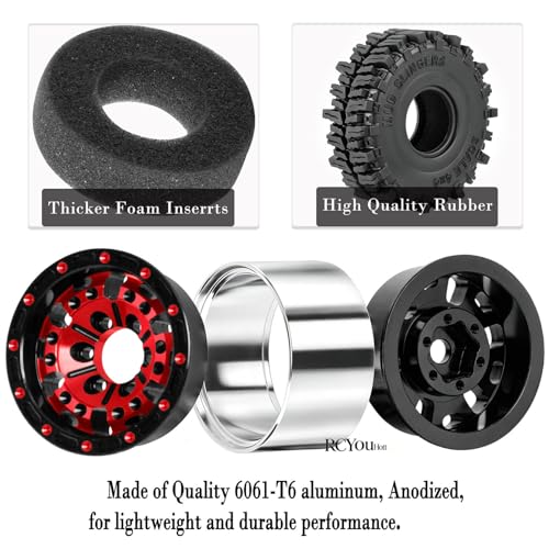 RC Aluminum (4PCS) 1.0 Wheel Rim Soft Rubber Tires&1.0 Beadlock Wheel Rim&Wheels Tires for 1/18 1/24 Trx4m SCX24 RC Crawler Car,Red - color: Red- (Rc Wheels Tires)