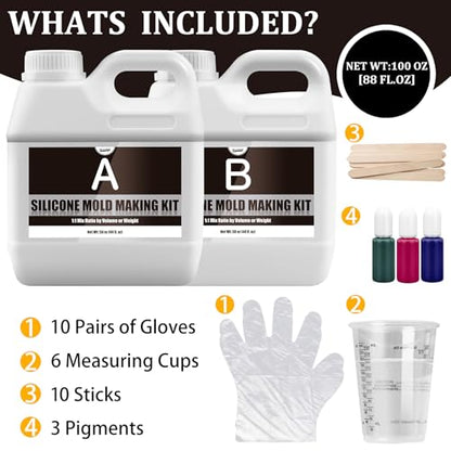 Silicone Mold Making Kit, 100oz/2.6L Liquid Silicone Rubber 15A for Casting | Translucent 1:1 silicone rubber kit includes 3 color pigments for making resin, candle, soap and craft molds with easy mixing - color: Translucent, 100oz