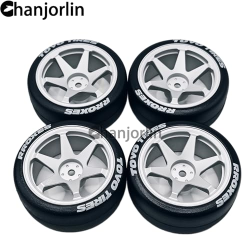 RC 1/10 Drift Tires & Aluminum Wheels 12mm Hex OD 65mm Hard Drift Racing Smooth Tyres for 1:10 1/12 Rally Street On Road Touring Car TT01 TT02 XV02 XV01 TA06 HPI KYOSHO PTG2 4PCS (Silvery) - color: Silvery