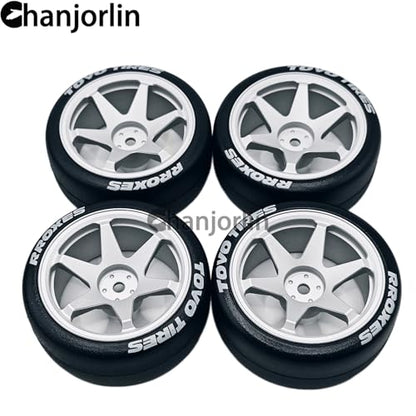 RC 1/10 Drift Tires & Aluminum Wheels 12mm Hex OD 65mm Hard Drift Racing Smooth Tyres for 1:10 1/12 Rally Street On Road Touring Car TT01 TT02 XV02 XV01 TA06 HPI KYOSHO PTG2 4PCS (Silvery) - color: Silvery