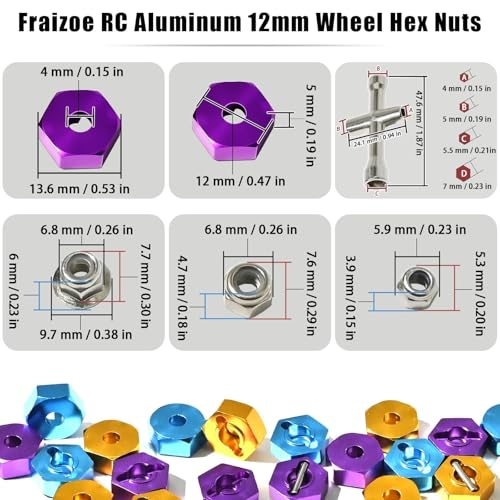 Aluminum 12mm Hex Wheel Hub with Flange M4 Nylon Lock Nut Cross Hex Wrench & M3 M4 Nylon Locknut for Traxxas Slash, Stampede Hsp Redcat Rc4wd Tamiya Axial SCX10 WLtoy 1/10 RC Car Truck Crawler Buggy - color: Purple