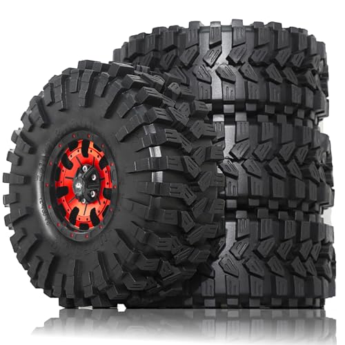 REDSPIDER Aluminum 1.9 Beadlock Wheels and Tires Set（4PCS）1.9 Wheels All Terrain Tires OD 4.72''.for 1/10 Scale Rock Crawler Car Axial SCX10 SCX10 II III 90047 D90 TF2 Tamiya CC01 TRX4 TRX6 (Red) - color: Red