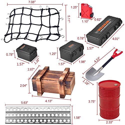 GLOBACT 10 Pcs RC Crawler Accessories Roof Decoration for 1/10 RC Crawler | Luggage Net, Oil Drum, Wood Box, Fuel Tank, Recovery Board, Toolbox, Shovel