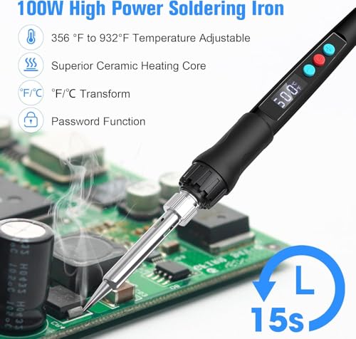 Soldering Iron Kit, 100W LED Digital Solder Gun kits with Ceramic Heater, Adjustable Temperature Welding Tools with Tips, Wick Braid, Stand, Solders Wire, Sponge, Flux Paste, Black - color: Black