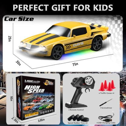 RC Drift Car 1:24 Remote Control Car 4WD 15KM/H High Speed Racing Sport Car with LED Lights RC Cars Toy for Kids Boys Girls Adults Gifts Birthday Christmas - color: Yellow