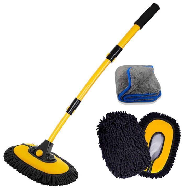 BMLEI Car Wash Brush with Long Handle, Chenille Microfiber Car Wash Kit | 15°Curved, Car Wash Mop with 2 Replacement Head, Extension Pole, Exterior Cleaning Brush Kit for Washing Roof Truck SUV Boat - color: Yellow Mop With Black Washing Cloth