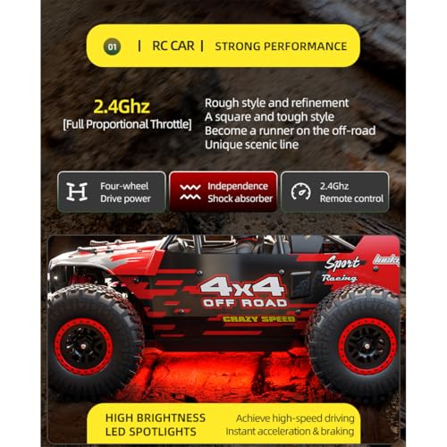 1/20 Brushless 4X4 RC Rock Crawlers for Adults, SG202-MAX Off-Road Remote Control Monster Truck with LED Lights & Metal Chassis, All Terrain High Speed RC Car Gift - color: Red, size: Brushless Version