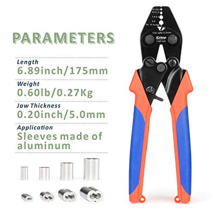 iCrimp Wire Rope Crimper Cutter Set with 150pcs Ferrules | Fits 0.1–2.2mm oval & double sleeves for cable railing DIY, compact ratchet swaging pliers