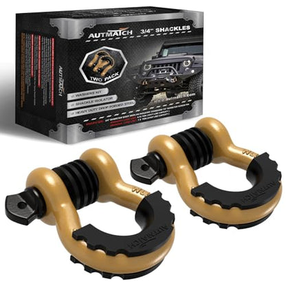 AUTMATCH 3/4" D Ring Shackles (2-Pack) - 41,887 lbs Break Strength | Heavy Duty Clevis Shackle with 7/8" Pin & Isolator Washer Kit for Tow Strap, Winch, Towing & Off-Road Vehicle Recovery, Gold - color: Gold & Black