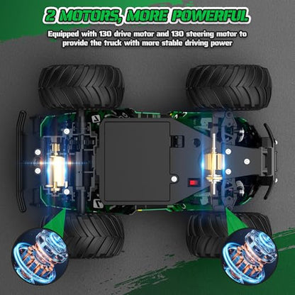 All-Terrain Remote Control Car for Boys 8-12 Headlight (Green) | Monster Remote Control Truck Rechargeable, 2 Motors 10KM/H 2.4GHZ Speed-friendly, Sturdy RC Cars for Christmas Beginner Kids - color: Green