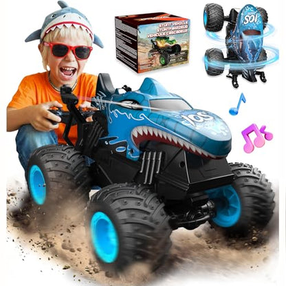 BEZGAR Monster Truck Toys, 1:20 Remote Control Car with Light & Music | Blue Dinosaur Toys for Kids, RC Truck with 360° Spins and Drifting, Toy Car Gifts for Boys, Battery Life of 20 Minutes - color: Blue Shark