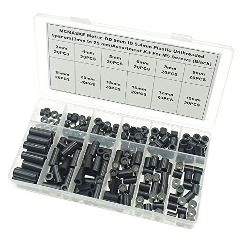 240PCS OD 9mm ID 5.4mm ABS Plastic Black Round Spacers Assortment Kit for M5 Screws; Clearance Spacers; 3mm to 25mm Lengths - size: OD 9mm ID 5.4mm