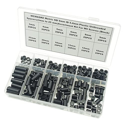 240PCS OD 9mm ID 5.4mm ABS Plastic Black Round Spacers Assortment Kit for M5 Screws; Clearance Spacers; 3mm to 25mm Lengths - size: OD 9mm ID 5.4mm
