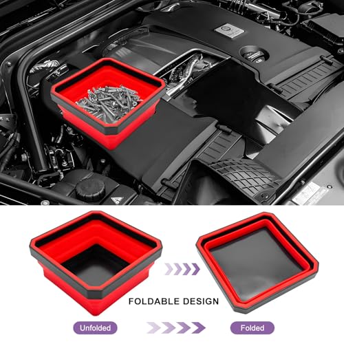 Collapsible Magnetic Parts Tray, 4.5" Square Silicone Metal Parts Organizer Double-Sided Magnet Bowl, Foldable Magnetic Tool Trays for Screws Bolts Nuts Washers Pins (Red) - color: Red