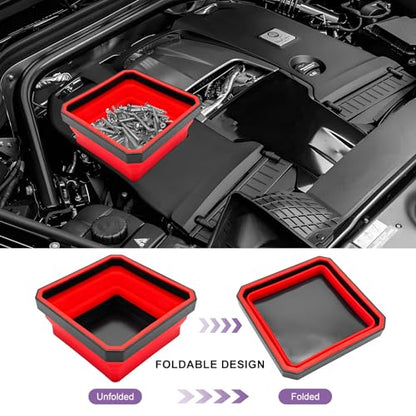 Collapsible Magnetic Parts Tray, 4.5" Square Silicone Metal Parts Organizer Double-Sided Magnet Bowl, Foldable Magnetic Tool Trays for Screws Bolts Nuts Washers Pins (Red) - color: Red