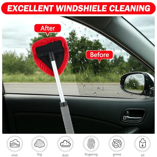 8 Pcs Car Window Cleaner Kit Triangle Shape Include Windshield Cleaning Tool with Extendable Handle 5 Microfiber Bonnets 1 Car Ventilation Brush 1 Empty 50ml Spray Bottle Glass Wiper Kits, Red - color: Red