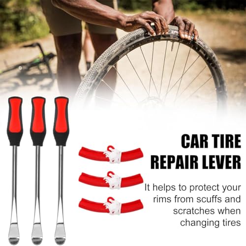 Zpana 15" Tire Spoons Kit, Steel Motorcycle Tyre Changing Lever Tool Set with 3 Rim Protectors 12 Valve Caps 10 Cores 1 Wrench & Bag, Universal for for Dirt Bike Lawn Mower Bicycle