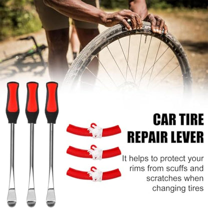 Zpana 15" Tire Spoons Kit, Steel Motorcycle Tyre Changing Lever Tool Set with 3 Rim Protectors 12 Valve Caps 10 Cores 1 Wrench & Bag, Universal for for Dirt Bike Lawn Mower Bicycle