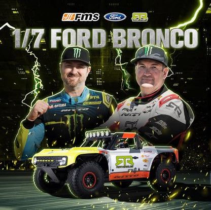 FMS 1/7 Ford Bronco RTR EB Fast RC Truck – Licensed by Ford & RTR Vehicles, 80km/h Short Course Truck, 4WD Brushless RC Car, CNC Metal Parts, Off-Road Rock Crawler 4x4 for Adults (2025 paint scheme) - style: Racing Livery A