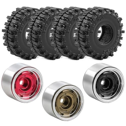 1.0" Beadlock Wheels and Tires for SCX24 TRX4M RC Crawle (Red) | 7mm Hex, Offset 0 mm, Soft Rubber Tires, 1/18 1/24 RC Crawler Upgrade Parts - color: Red 102