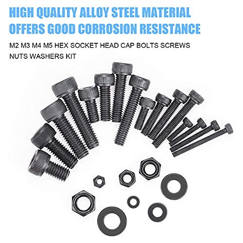 DYWISHKEY 1220 PCS M2 M3 M4 M5, 12.9 Grade Alloy Steel Hex Socket Head Cap Bolts Screws Nuts Washers Assortment Kit with Hex Wrenches - color: carbon black