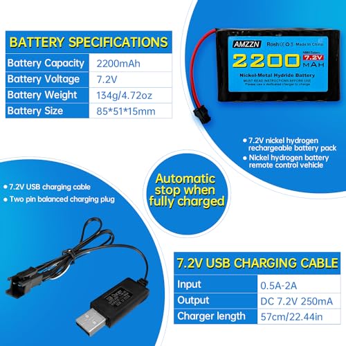 7.2V 2200mah AA NiMH Battery with SM-2P Plug and USB Charging Cable for Huina 1550 550 RC Excavator, Car, Truck, Engineering Vehicle, TR-211 RC Toy Car Battery