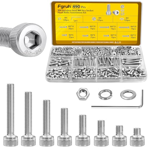 490pcs M4 Screws,Nuts and Washers Assortment kit, M4x6/8/10/12/16/20/25/30 mm Hex Socket Head Cap Screw Bolts Nuts Washer Kit,304 Stainless Steel Bolt Set for DIY, 3D Printer - size: SS M4 490pcs