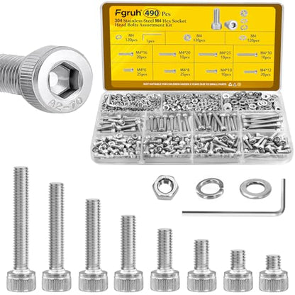 490pcs M4 Screws,Nuts and Washers Assortment kit, M4x6/8/10/12/16/20/25/30 mm Hex Socket Head Cap Screw Bolts Nuts Washer Kit,304 Stainless Steel Bolt Set for DIY, 3D Printer - size: SS M4 490pcs