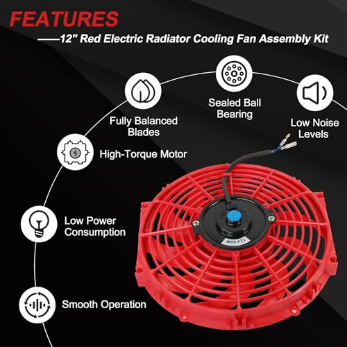 JDMSPEED New Universal 12V Engine Cooling Fan Slim Pull Push Racing Electric Radiator Red 12" - color: Red, size: 12 Inch