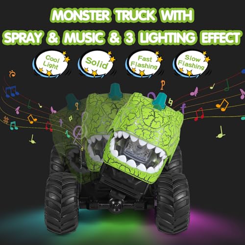 DYODYORC Remote Control Car, 2.4Ghz All Terrain Dinosaur Monster Truck Toys, RC Truck with Spay, Music, 3 Lighting Effects, Stunt Capable, Toy Gifts for Boys and Girls (Green) - color: Green