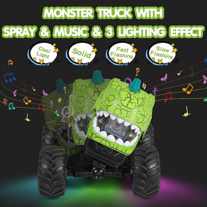 DYODYORC Remote Control Car, 2.4Ghz All Terrain Dinosaur Monster Truck Toys, RC Truck with Spay, Music, 3 Lighting Effects, Stunt Capable, Toy Gifts for Boys and Girls (Green) - color: Green