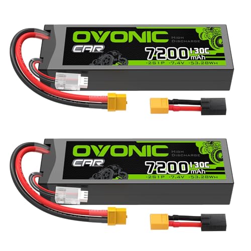 OVONIC 2S LiPo Battery 7200mAh 7.4V 130C RC Battery with XT60 to TRA Connector [2 Batteries in 1 Package]