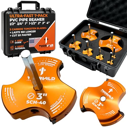 THORVALD PVC Pipe Reamer TriForce - 7 Sizes with Tungsten Carbide Blades - Video Tutorial + User Guide - 3 Blades PVC Fitting Saver for Plumbing - Tool Sizes: 1/2" ; 3/4″ ; 1″ ; 1-1/2″ ; 2″ ; 3″ ; 4″