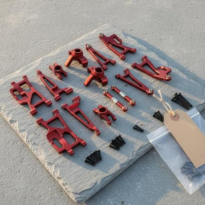 Industrial Vehicle Rc Car Upgrade Kit Aluminum Arms Steering Cups Rear Hubs Adjustable Turnbuckles Shock Absorption Set Suitable for 1/14 Scale Models, Red - color: Red