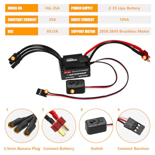 Brushless HG-35A Waterproof ESC Electric Speed Controller for Traxxas E-REVO Losi JRX2 H16BM H16DR Redcat Volcano 16 Arrma Typhon Grom Mojave Grom 1/14 1/16 1/18 RC Car (Black)