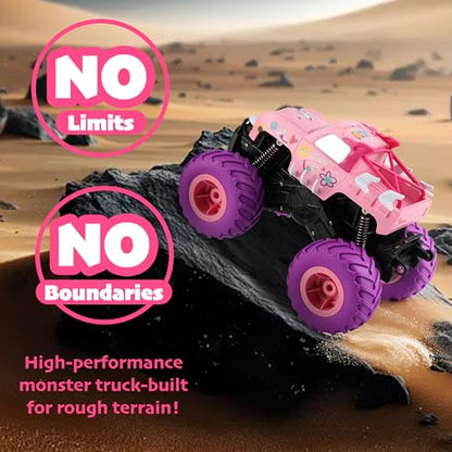 Threeking 1:16 Amphibious Monster Truck Pink Remote Control Car for Girls | Waterproof Durable 4WD Off-Road RC Crawler Cars Pick-Up Unique Toys Gifts for Ages 6-12 - color: Pink