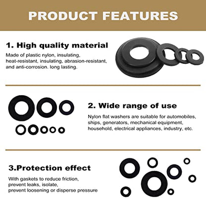 510 Pcs Black Nylon Flat Washer Assortment Kit | Suitable for Electrical Connections on Household and Commercial Appliances (M2 M2.5 M3 M4 M5 M6 M8 M10)