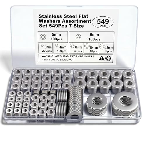Stainless Steel Flat Washers Assortment, 18-8 (304) Stainless Steel Metric Washers, 549-Piece Set (3mm, 4mm, 5mm, 6mm, 8mm, 10mm, 12mm) with Plastic Storage Case