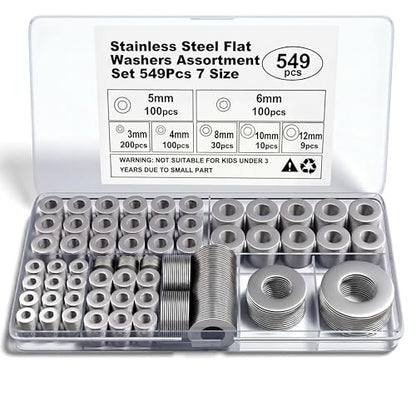 Stainless Steel Flat Washers Assortment, 18-8 (304) Stainless Steel Metric Washers, 549-Piece Set (3mm, 4mm, 5mm, 6mm, 8mm, 10mm, 12mm) with Plastic Storage Case