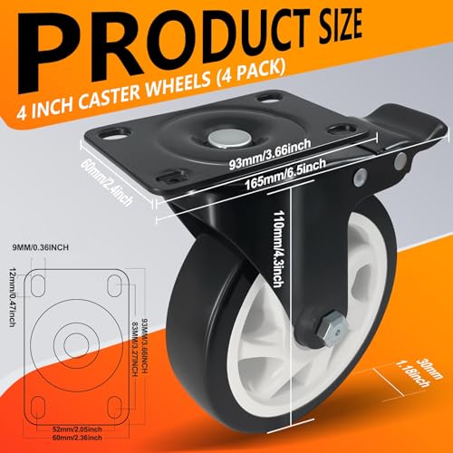 4 Inch Plate Caster Set of 4, Heavy Duty PU Swivel Wheel with Dual Brakes | Smooth 360° rotation,dual locking brake,silent PU wheels - color: Black, size: 4 IN