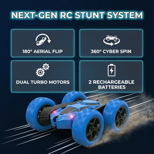 RC Car 2.4GHz 360° Spin Off-Road Stunt Vehicle with 2 Rechargeable Batteries + USB Charging Cable, Full Terrain Remote Control Truck for Kids