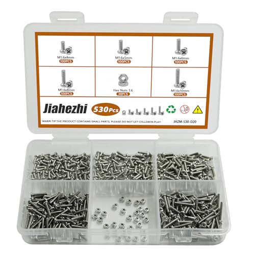 530Pcs M1.6 304 Stainless Steel Metric Micro Screws Nuts Assortment | M1.6x4/5/6/8/10mm Sizes, Phillips Pan Head, Fully Threaded Kit for Arduino, RC Models, Electronics, DIY Projects - size: M1.6x4/5/6/8/10- 530 Pcs