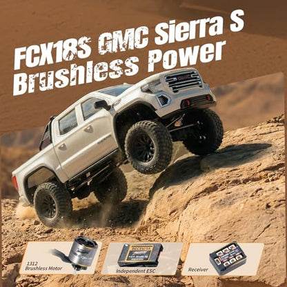 BEEZRC FMS 1/18 FCX18S Sierra S Brushless RC Crawler, Officially Authorized, RTR Off-Road 4x4 with LED Lights mini RC Truck, Two-Speed Switch, Remote Control Car for Adults