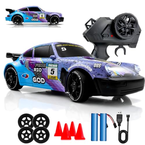 RC Drift Car, 1:24 Scale Remote Control Vehicle with LED Lights,Drifting Tires＆Two Batteries, Racing Sports Toy Idea Gift for Adults Boys Girls and Kids - color: Purple
