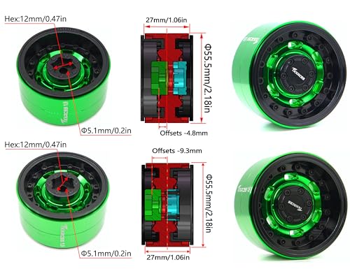 RC 1.9 Beadlock Wheels Adjustable 2 Offsets Rims Hub Aluminum Upgrades for 1/10 RC Crawler Axial SCX10 RR10 Wraith TRX4 TRX-6 XN (Green Black) XN1909 - color: Green Black