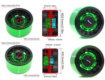 RC 1.9 Beadlock Wheels Adjustable 2 Offsets Rims Hub Aluminum Upgrades for 1/10 RC Crawler Axial SCX10 RR10 Wraith TRX4 TRX-6 XN (Green Black) XN1909 - color: Green Black