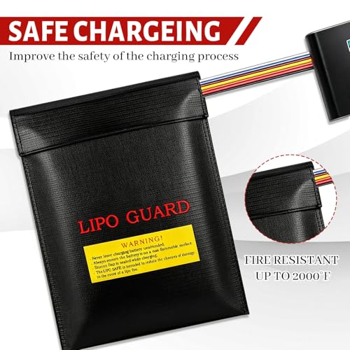4 Pack Lipo Safe Bag for Battery Storage and Charging, Black Double Layer High-Density Fabric Protective Pouch with Hook-and-Loop Closure, Portable Organizer for Phone, Cards, Cash and Travel (Black)