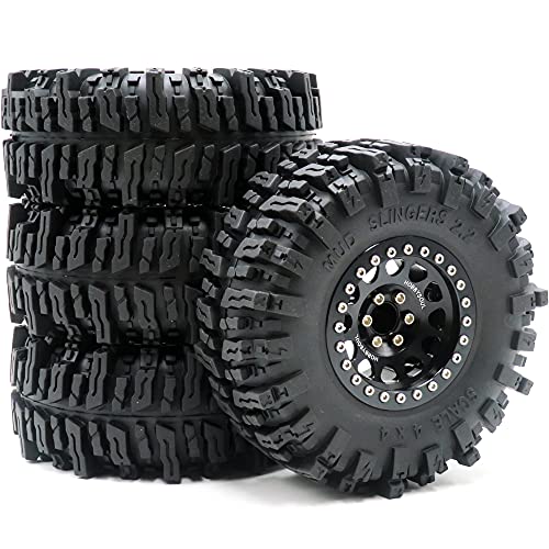 RC Crawler 2.2 Beadlock Wheels and Tires 124mm Tall Soft Sticky Mud Slingers Tyres & Aluminium Rims Hex 12mm for 1/10 TRX4 SCX10 GEN8 Upgrades, HS700652 - color: Black