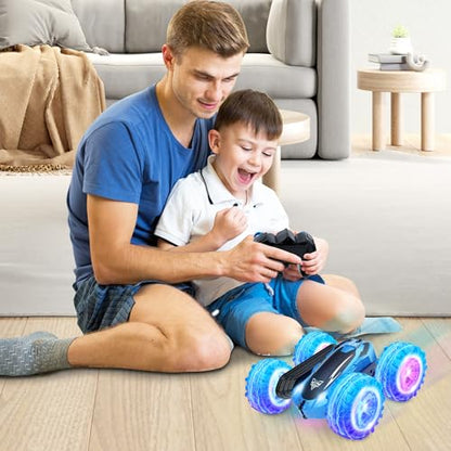 KKONES Remote Control Car, 2.4GHz Double Sided 360° Flips RC Stunt Car | LED Wheels & Headlight 4WD Race Stunt Car, High Speed Off Road Cars Toy Gift for 3 4 5 6 7 8-12 Year Old Boy Toys (Blue) - color: Blue