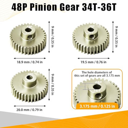 3PCS 48P Pinion Gear Set 7075 Aluminum Alloy 3.175mm Shaft 34T 35T 36T with Screws & Hex for 1/10 RC Arrma Traxxas HPI Sakura Losi Axial SCX10 Tamiya Monster Truck Buggy Motor Gears Upgrade - size: 34 35 36T